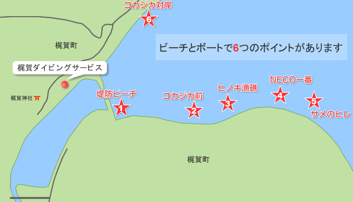 ビーチ と ボート で6つのポイントがあります。